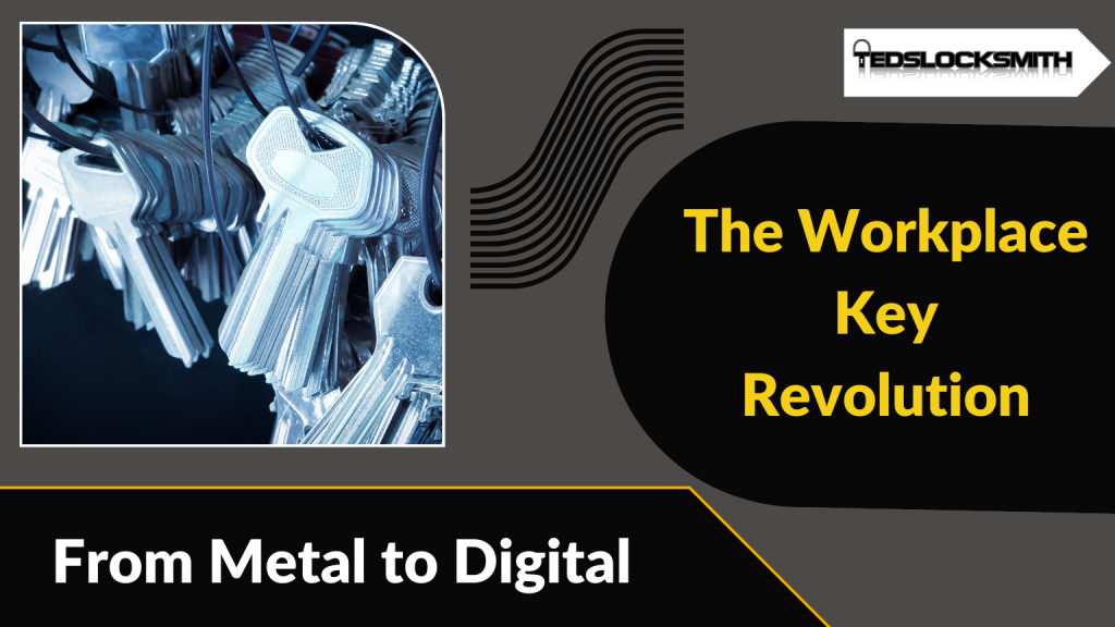 A banner featuring a cluster of hanging metal keys alongside the text "The Workplace Key Revolution: From Metal to Digital"