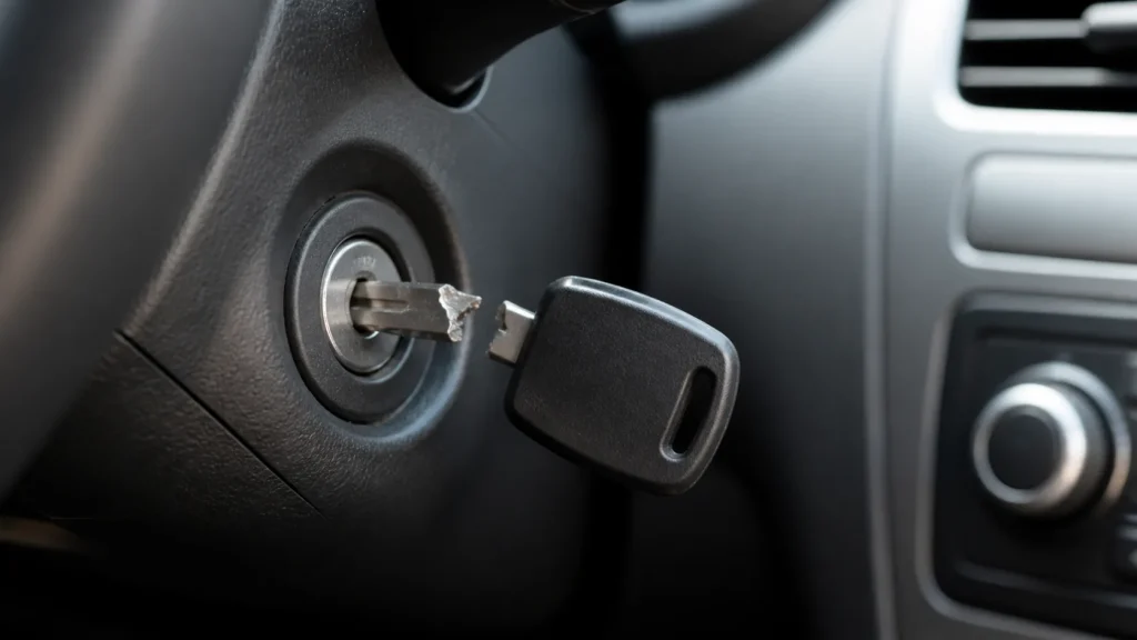 A broken car key stuck inside a car's ignition.